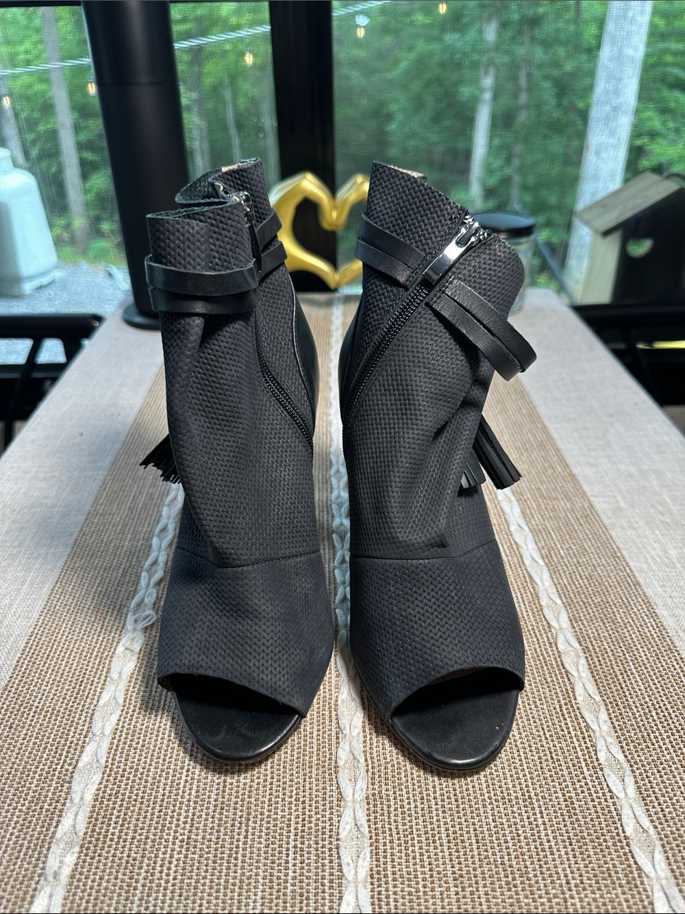 French Connection Black Textured Peep-Toe Ankle Booties with Tassel Zipper